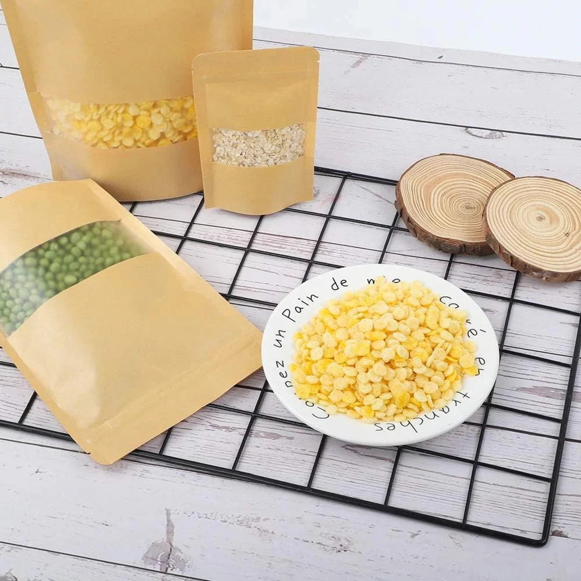 50 Custom Kraft Paper Bags with Window,Personalized Stand Up Pouches,Brown Resealable Paper Bags,Self-sealing Packaging Bag for Food Storage