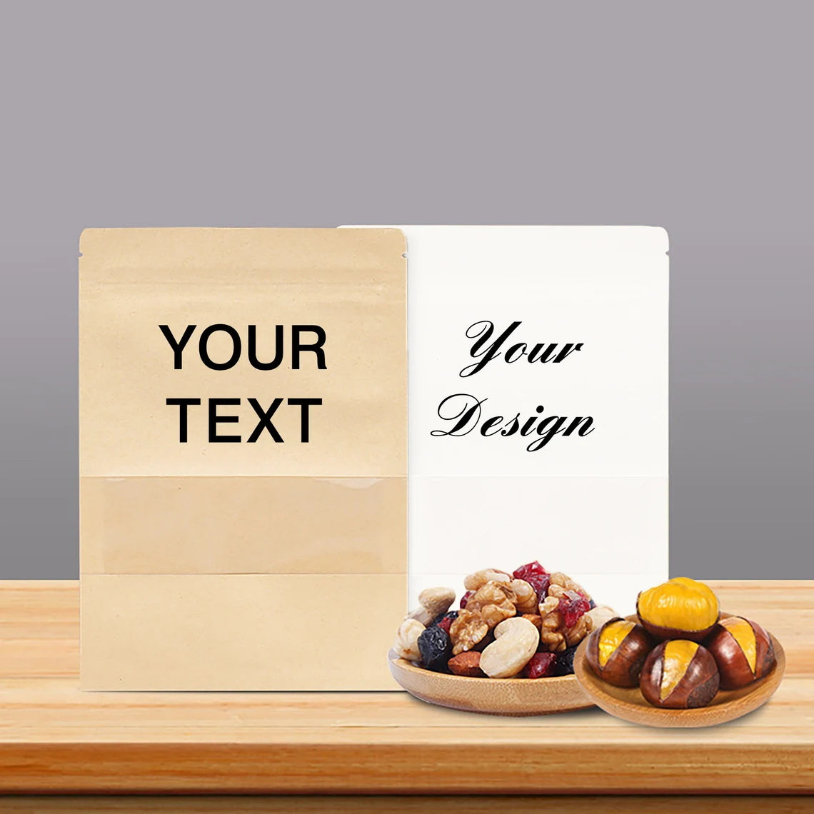 100 Custom Logo Kraft Bags, Personalized Resealable Stand Up Pouches with Window, Multiple Usage Mylar Bag for Wedding Birthday, Favors Bags