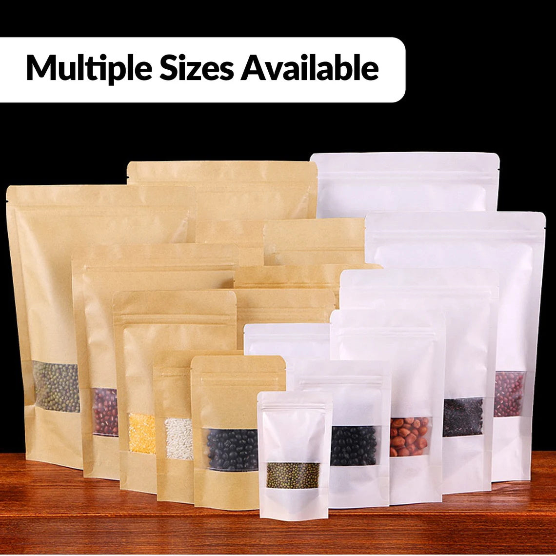100 Custom Logo Kraft Bags, Personalized Resealable Stand Up Pouches with Window, Multiple Usage Mylar Bag for Wedding Birthday, Favors Bags