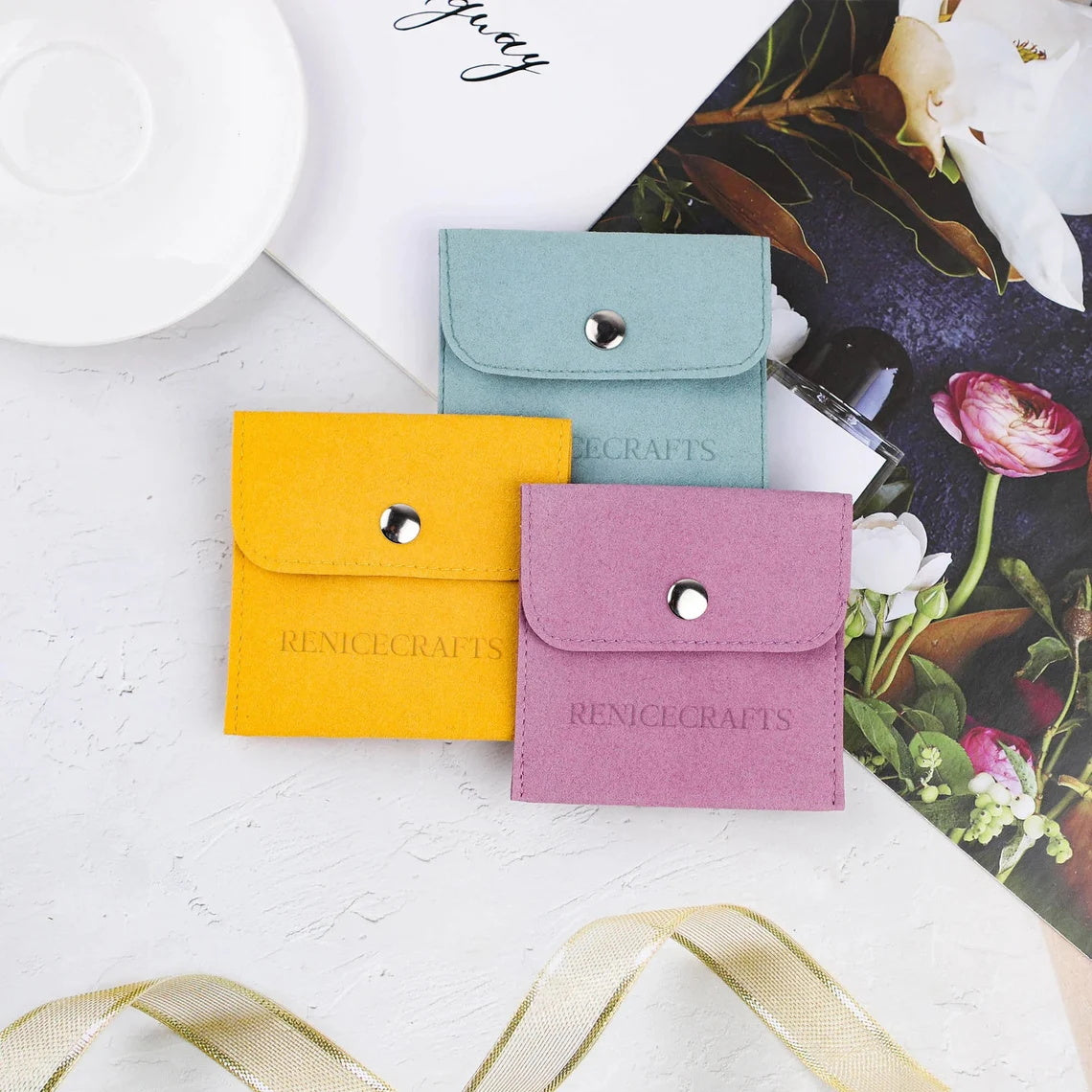50 PCS Jewelry Bag with Silver Button, Personalized Multi-color Microfiber Necklace Packaging Bag, Custom LOGO Travel Pouch for Wedding Gift