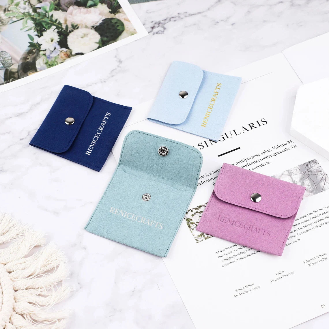 50 PCS Jewelry Bag with Silver Button, Personalized Multi-color Microfiber Necklace Packaging Bag, Custom LOGO Travel Pouch for Wedding Gift