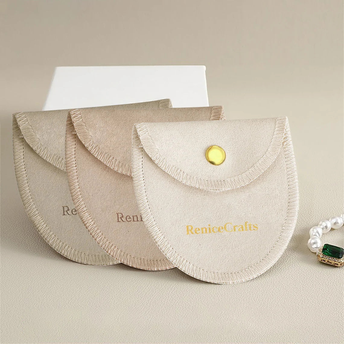 50 PCS Personalized Jewelry Pouch Bag with Gold Button, Custom Logo Microfiber Packaging Bags, Multi-color Beautiful Wedding Gift Holder
