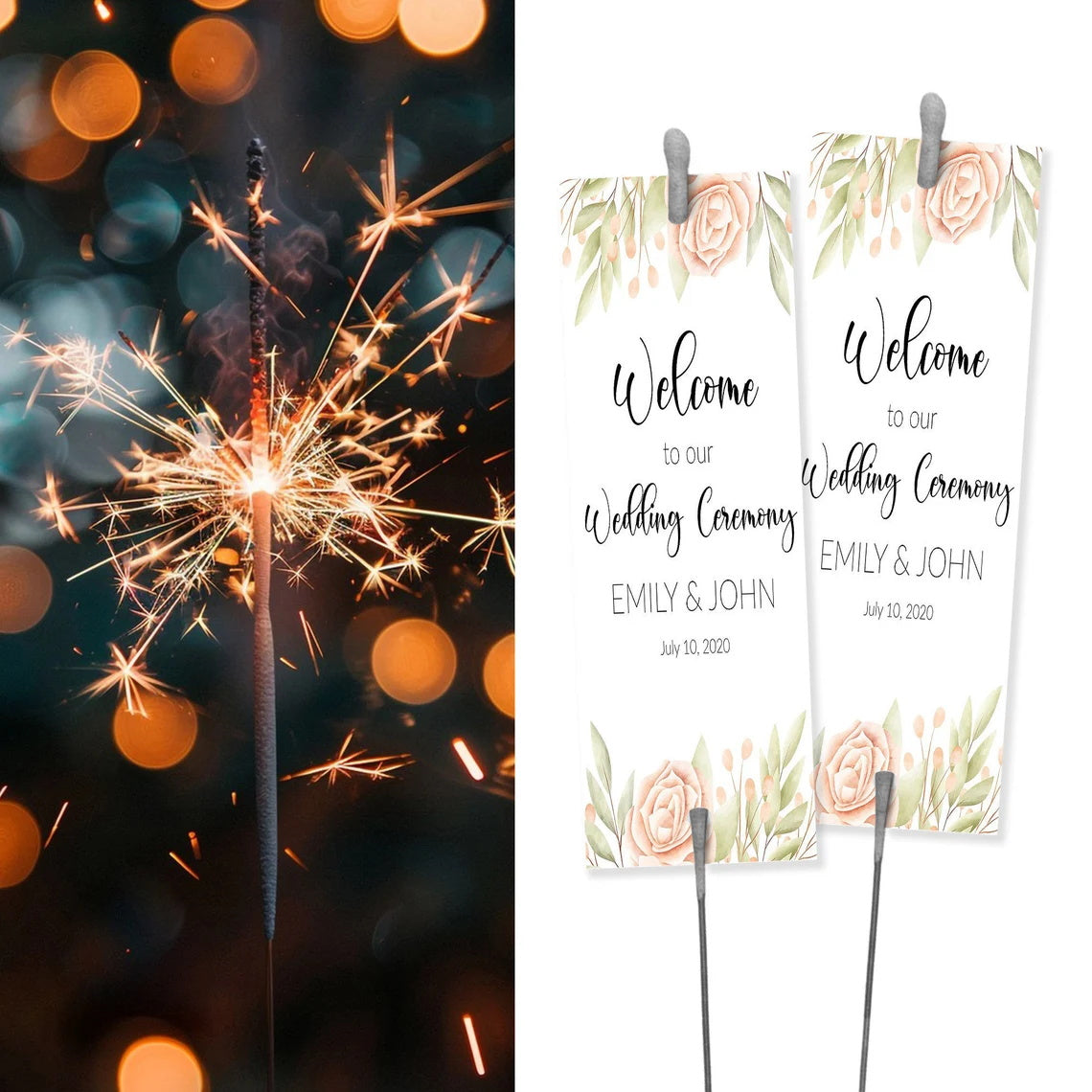 Custom 2×6" Wedding Sparkler Tags, Personalized Sparkler Sleeves with your text, Wedding/Party Decor, Wedding Firework Tags, Outdoor Event