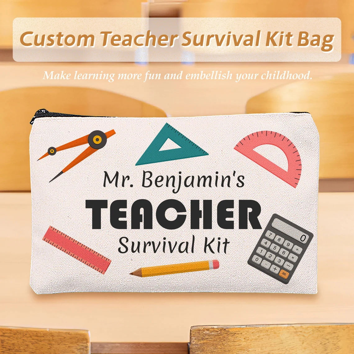 Personalized White Teacher Survival Kit Bags, End of Year Teacher Gift, Gift Favor for Teacher, Pencil Pouch, Custom School Bags with Name